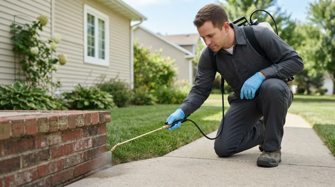 Pest control technician treating a home near Glenwood, IA