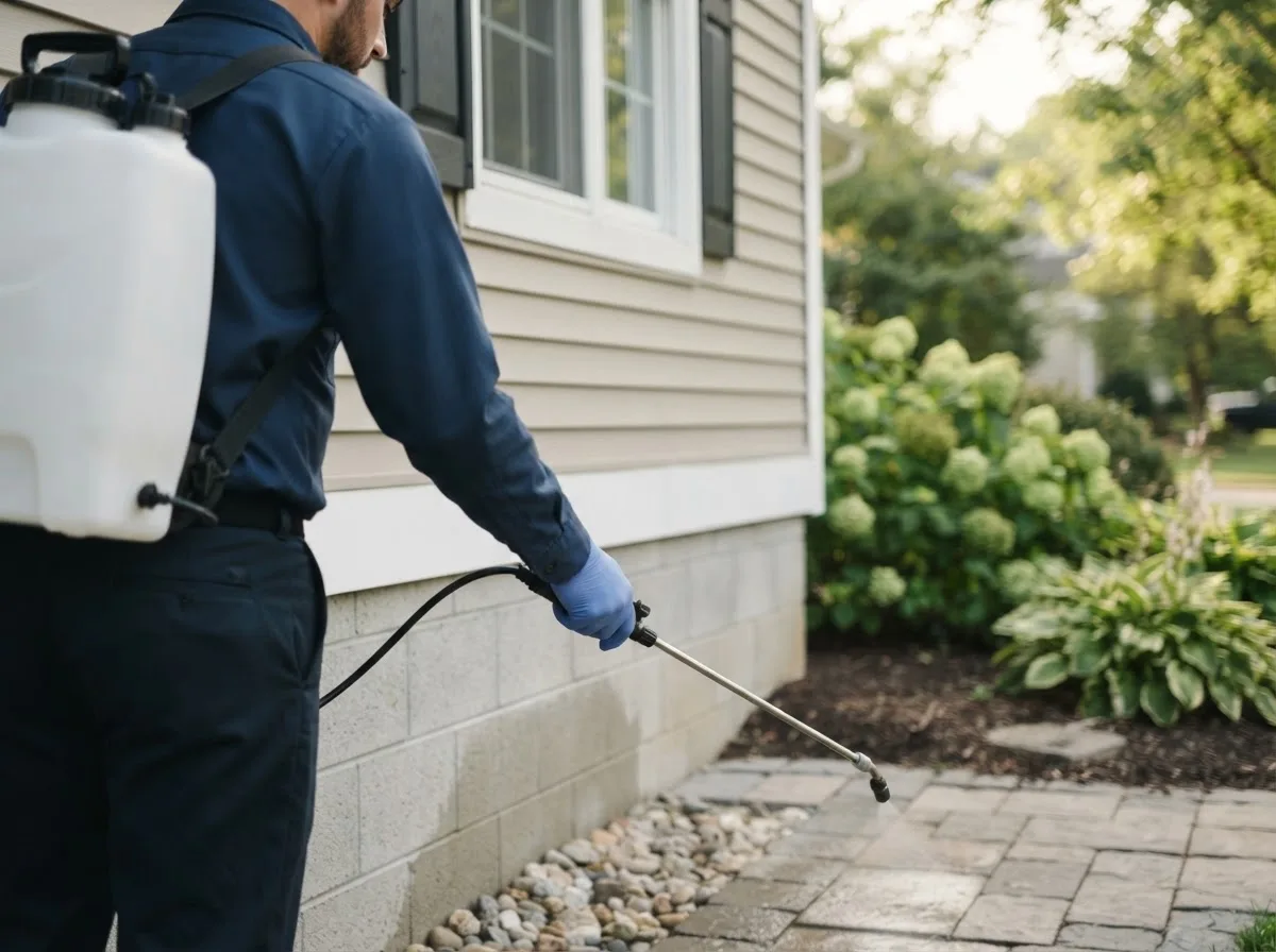 Pest control technician inspecting a home in Glenwood, IA